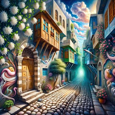 The primary subject of the image is a street scene with a variety of buildings, including a house with a wooden door and a building with a green roof. The setting is a narrow alleyway between the buildings, and the visual style is a painting or illustration. The colors and mood of the image are vibrant and lively, with a focus on the architectural details and the overall atmosphere of the street.